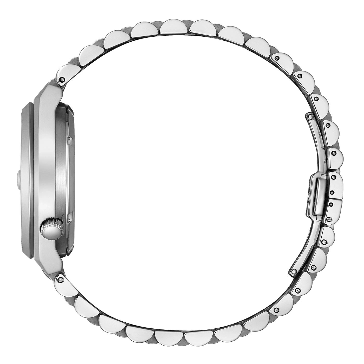 Seitenansicht einer silbernen
armbanduhr mit Metallband.