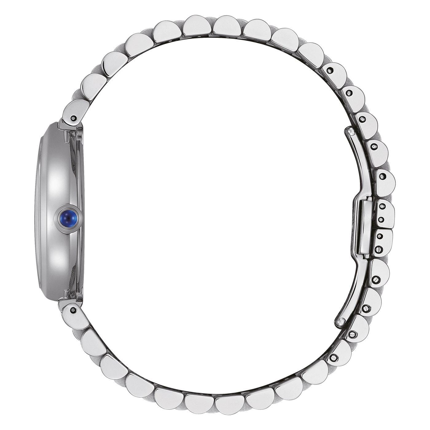 Nahaufnahme einer silbernen Armbanduhr mit einem Metallschnallenverschluss.