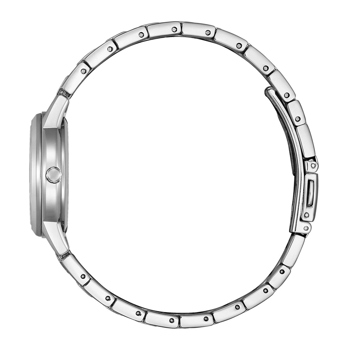 Nahaufnahme einer silbernen Metallarmbanduhr auf weißem Hintergrund.