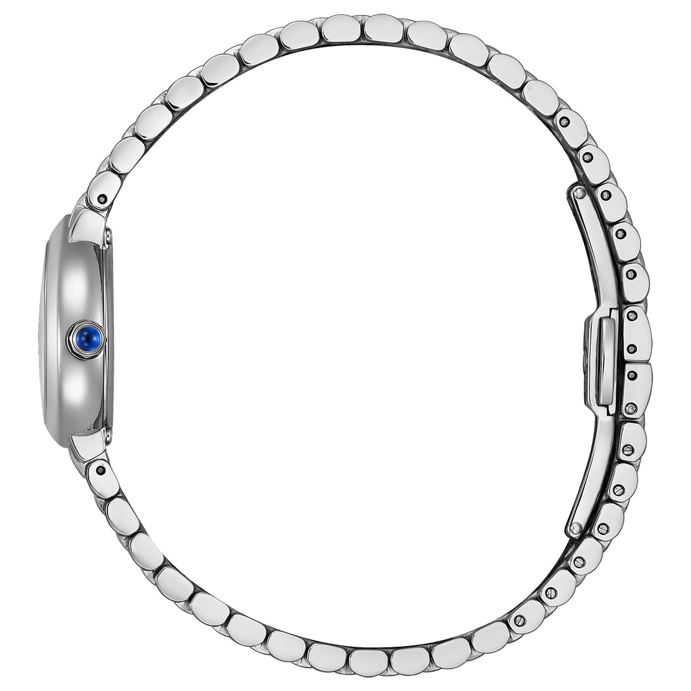 Silbernes Armbanduhr mit rundem Zifferblatt und praktischem Verschluss.