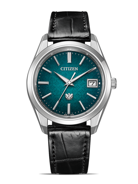 Citizen-Uhr mit tealfarbenem Zifferblatt und schwarzem Lederarmband, elegantes Design.