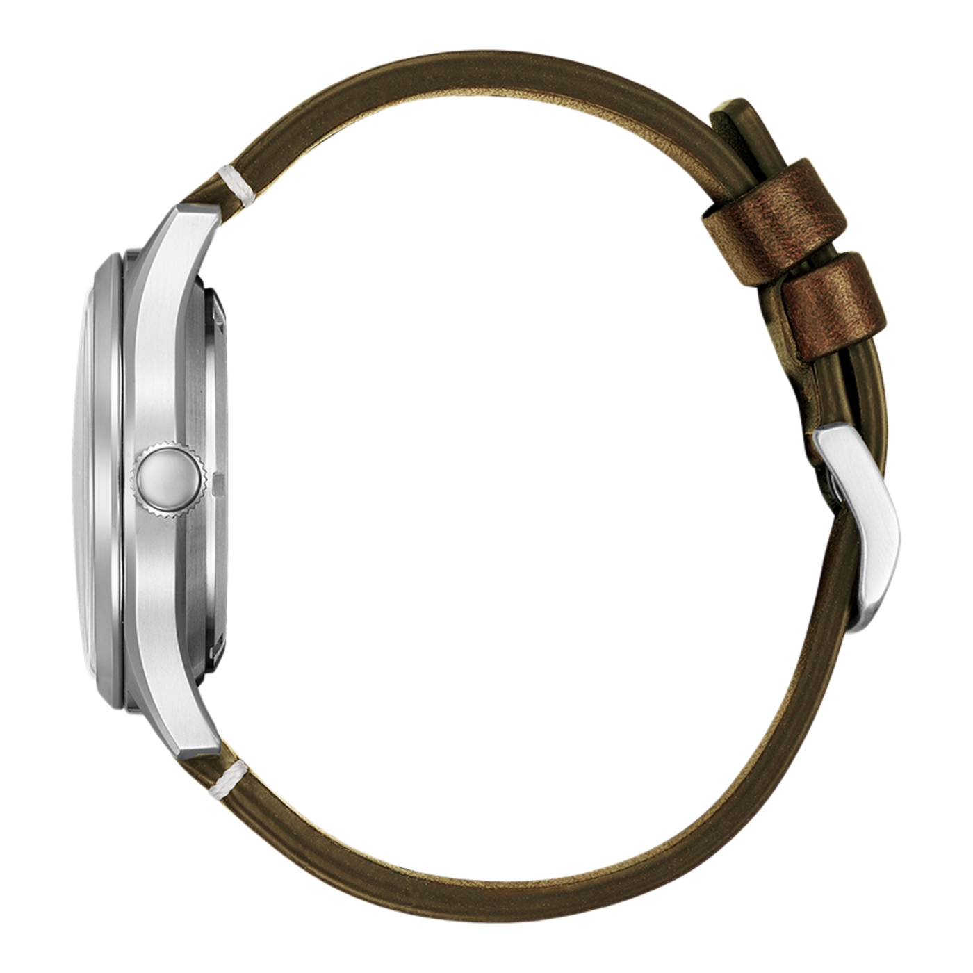 Luxusuhr mit braunem Lederarmband und silberner Schließe, Seitenansicht.