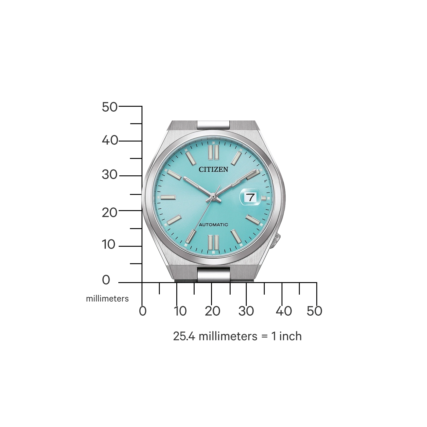 Blaue Citizen-Uhr mit Millimeterskala.