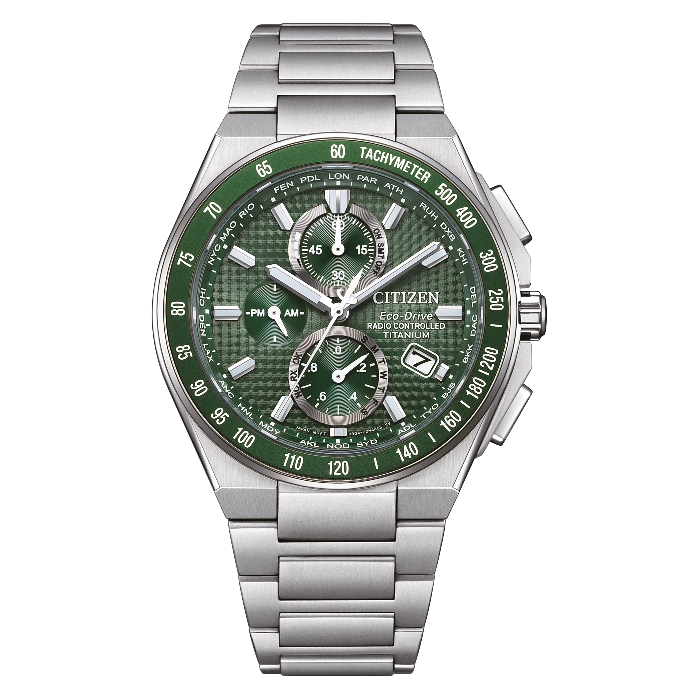 Eine Citizen Eco-Drive-Uhr aus Titan mit grünem Zifferblatt.