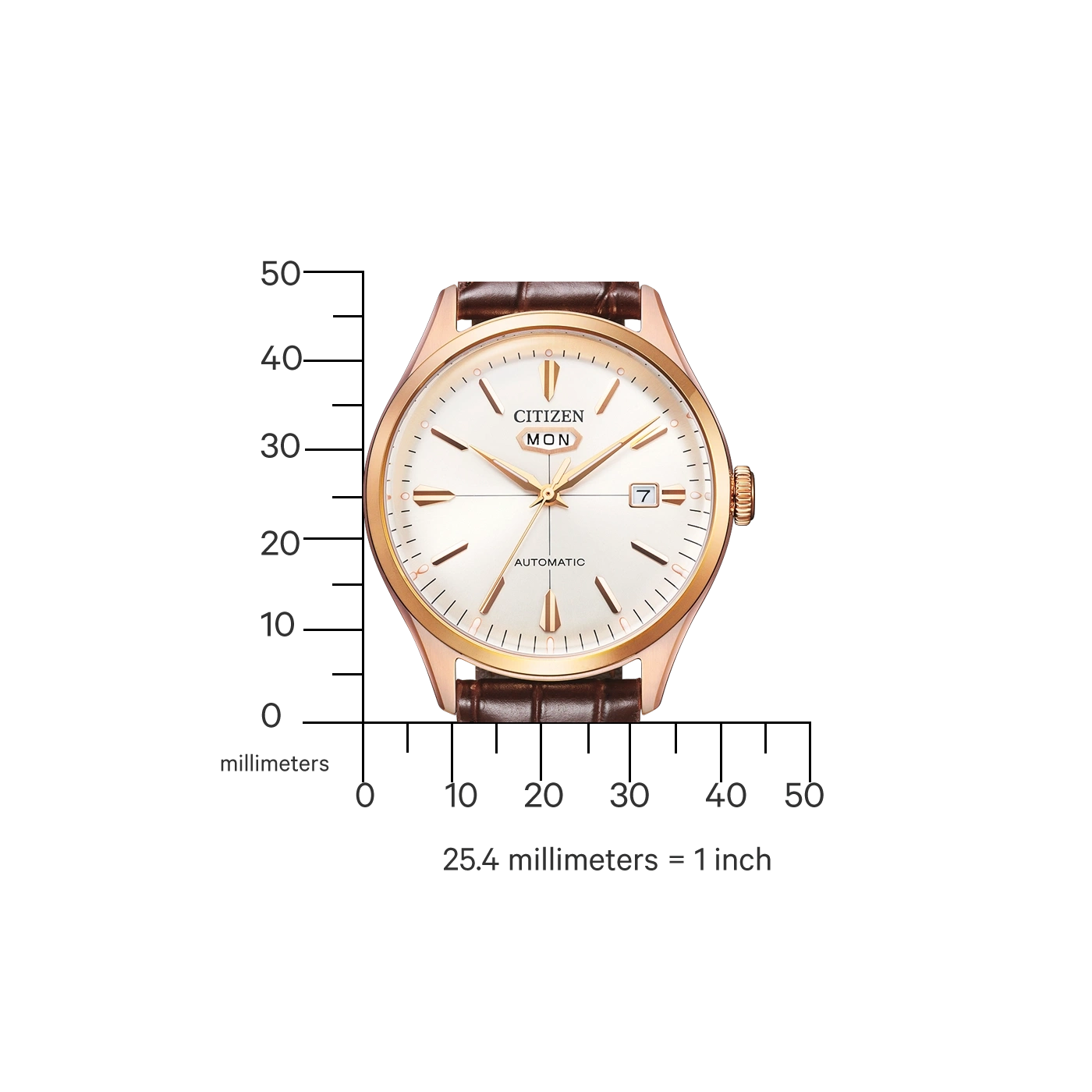 Une montre Citizen avec un cadran blanc et un bracelet en cuir brun.