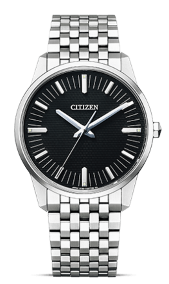 Citizen-Uhr mit schwarzem Zifferblatt und silbernem Armband.