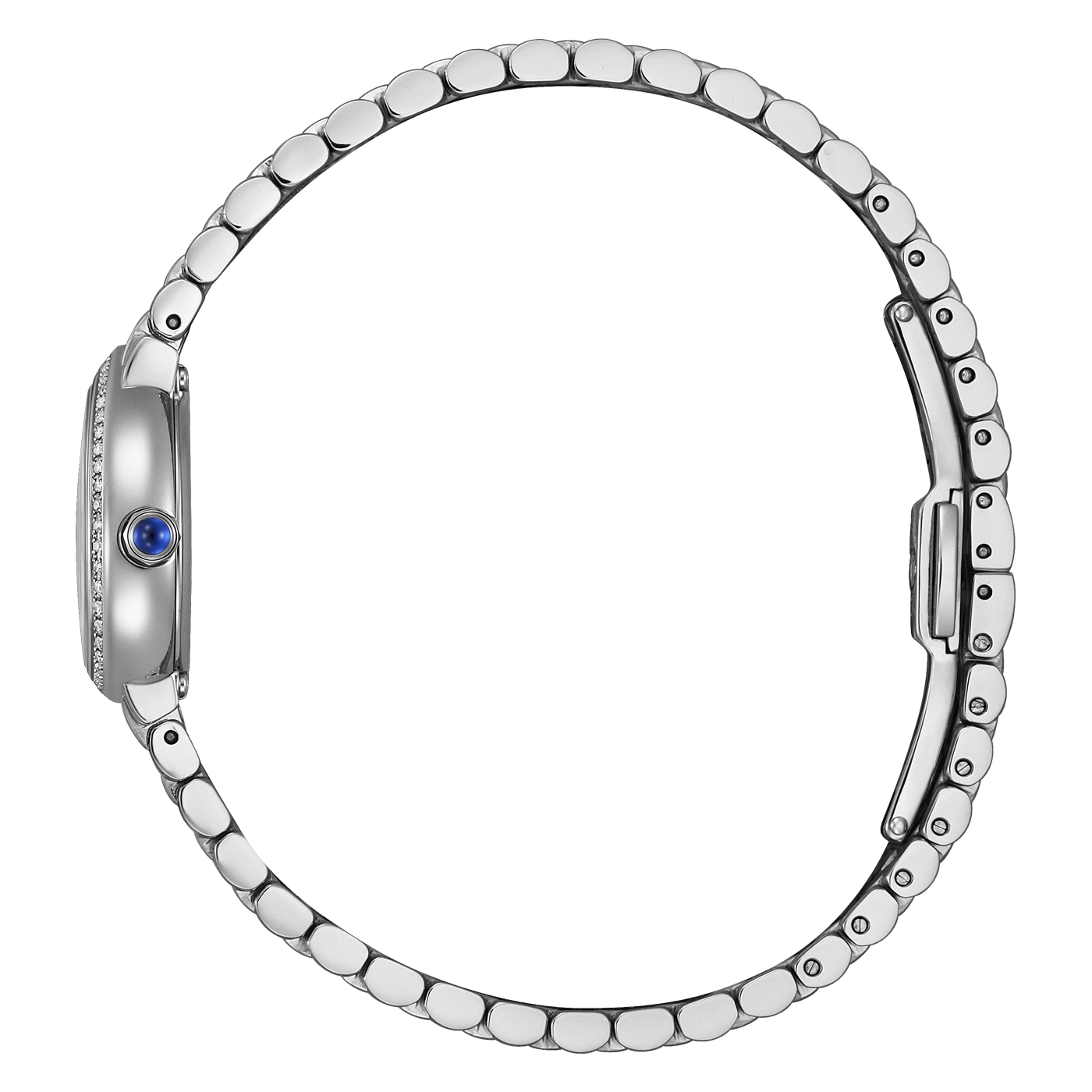 Silbernes Armbanduhr mit Diamant-besetztem Zifferblatt und blauem Saphir.