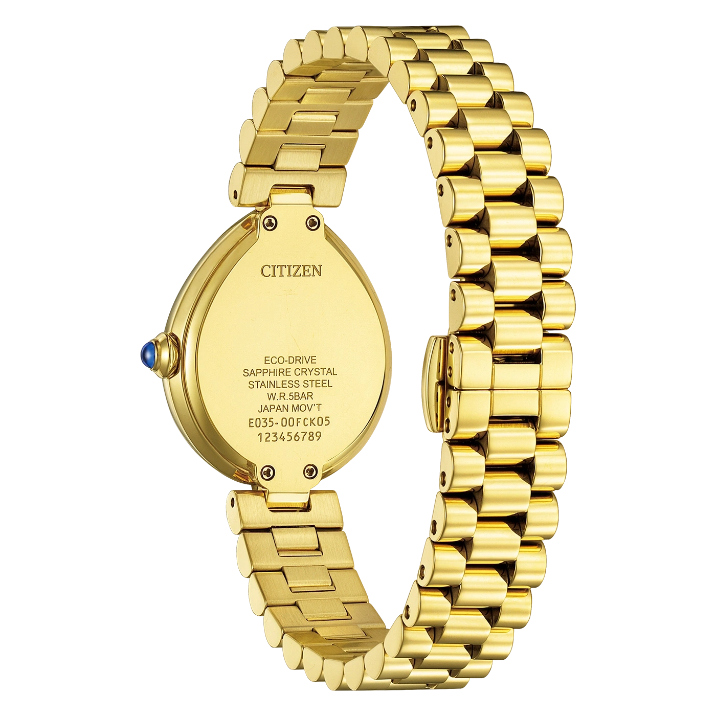 Goldene Citizen-Uhr mit Armband, Rückansicht und Details