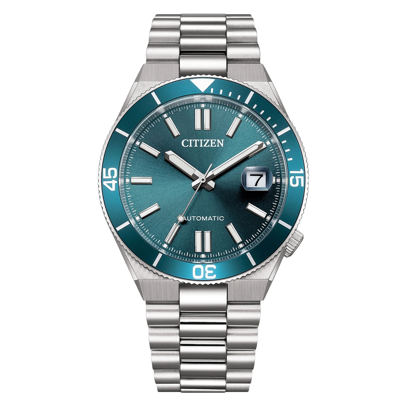Blaue Citizen Automatikuhr mit silbernem Armband auf weißem Hintergrund.