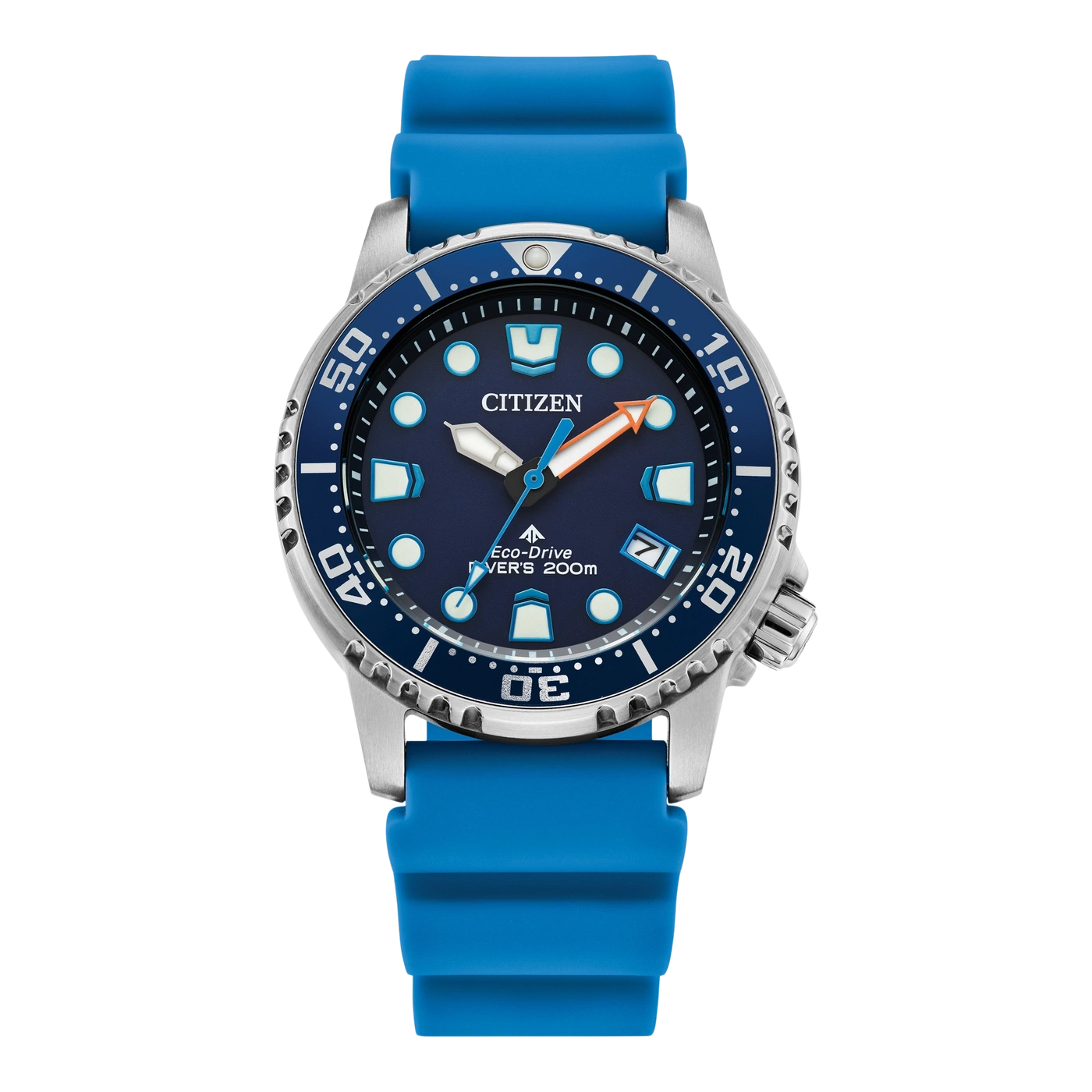 Eine blaue und silberne Citizen Eco-Drive Taucheruhr.