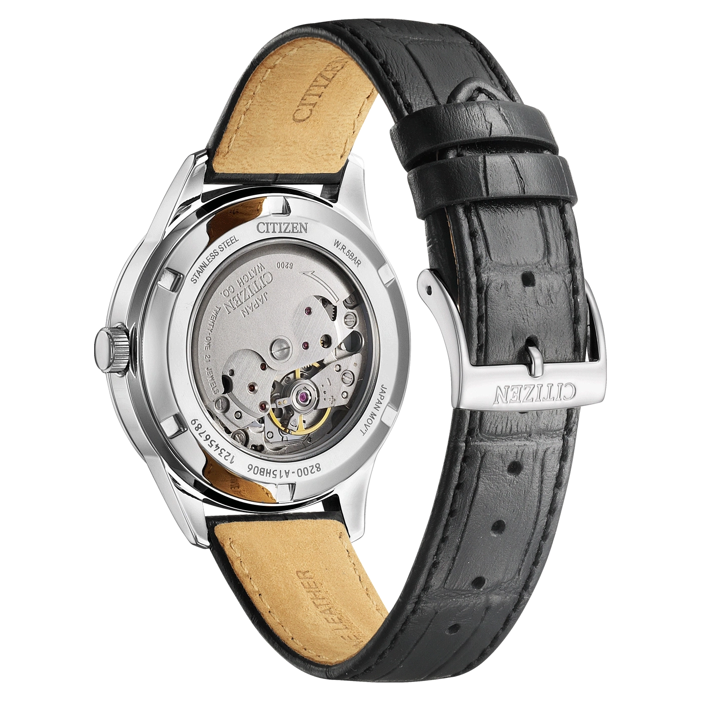 Vue arrière de montre Citizen en cuir noir avec mouvement apparent.