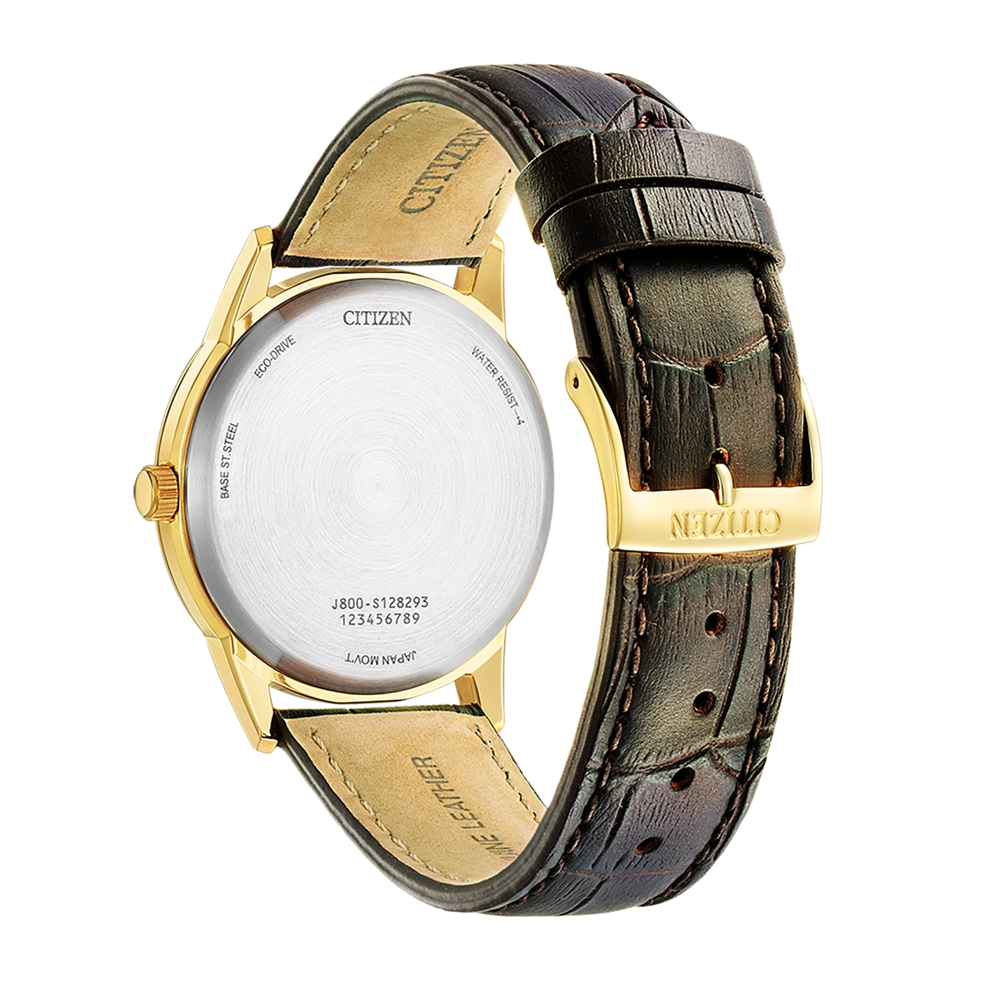 Goldene Citizen Uhr mit schwarzem Lederarmband und goldener Schnalle.