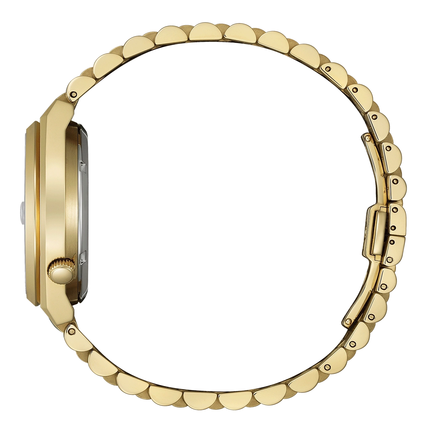 Nahaufnahme einer goldenen Armbanduhr von der Seite, auf weißem Hintergrund.