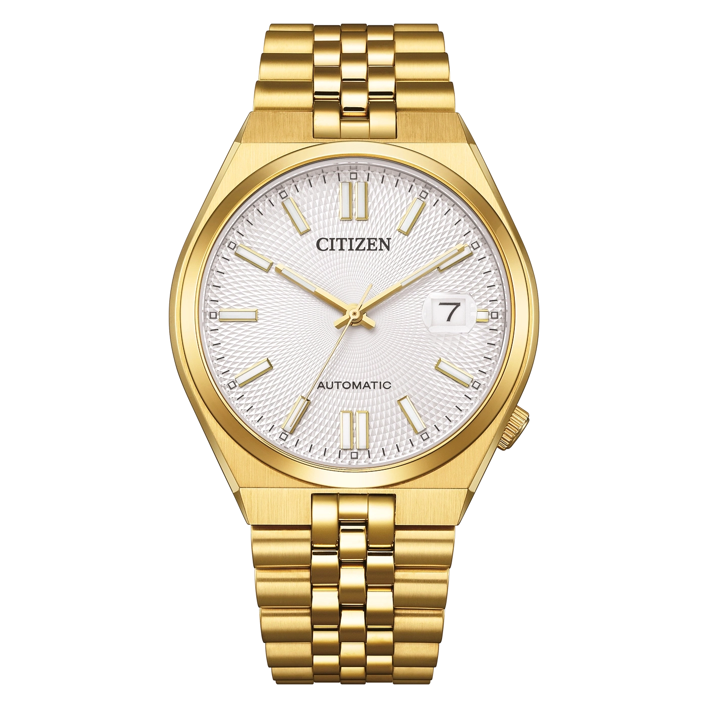 Goldene Citizen Herrenuhr mit weißem Zifferblatt und Metallarmband.