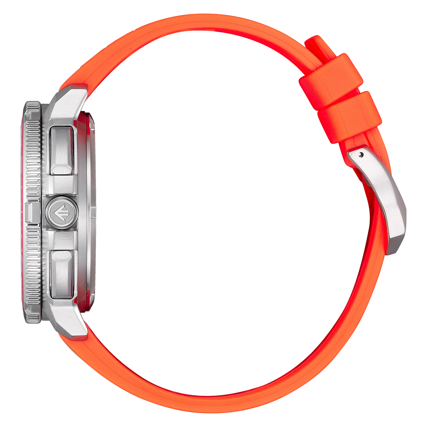 Nahaufnahme einer Uhr mit leuchtend orangem Armband und gebürstetem Silbergehäuse.