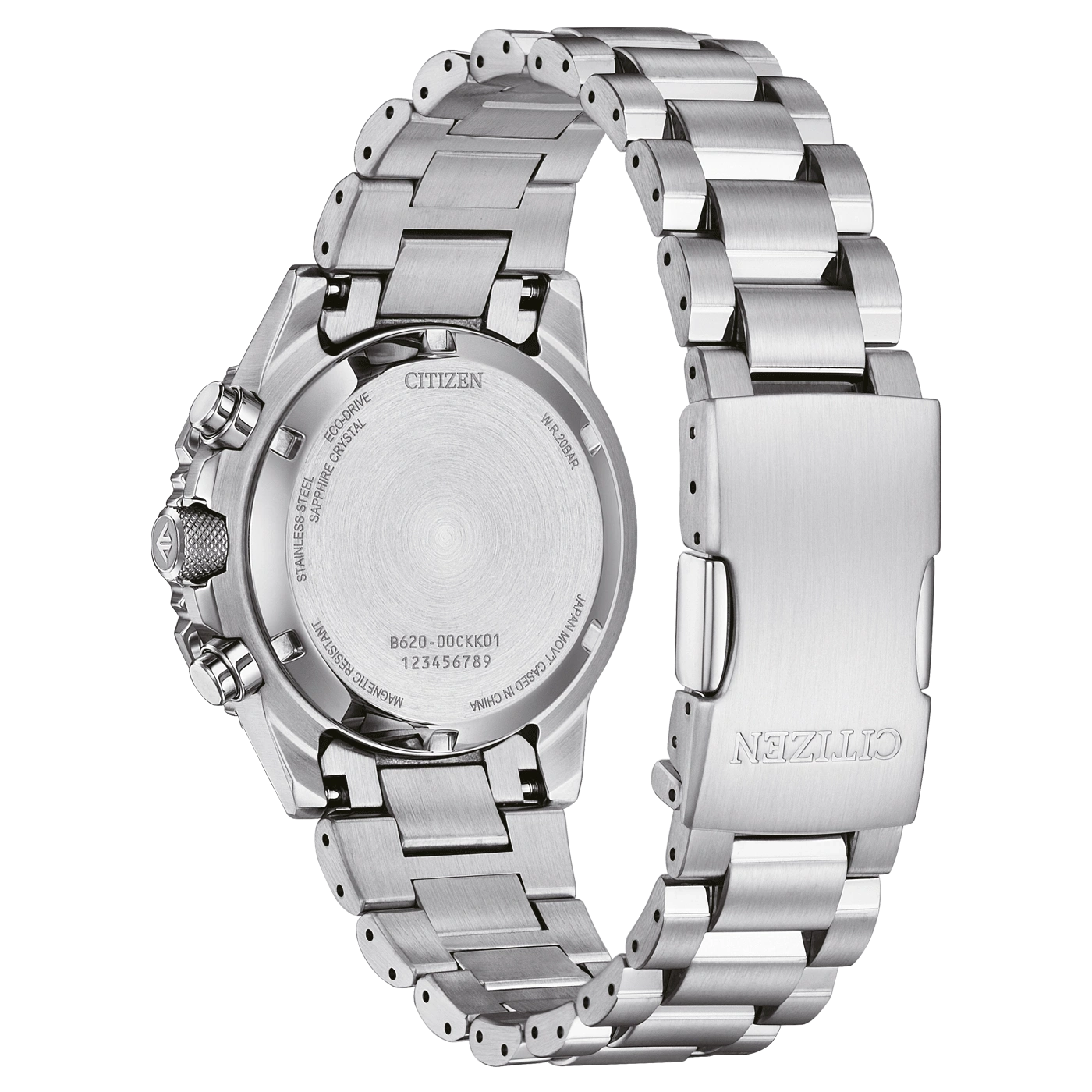 Montre Citizen en acier inoxydable, vue arrière avec gravures