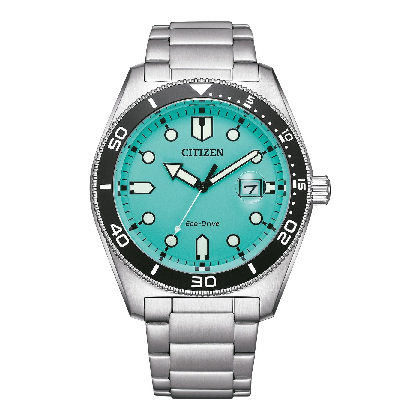 Türkisfarbene Citizen Eco-Drive Uhr mit Silberarmband.