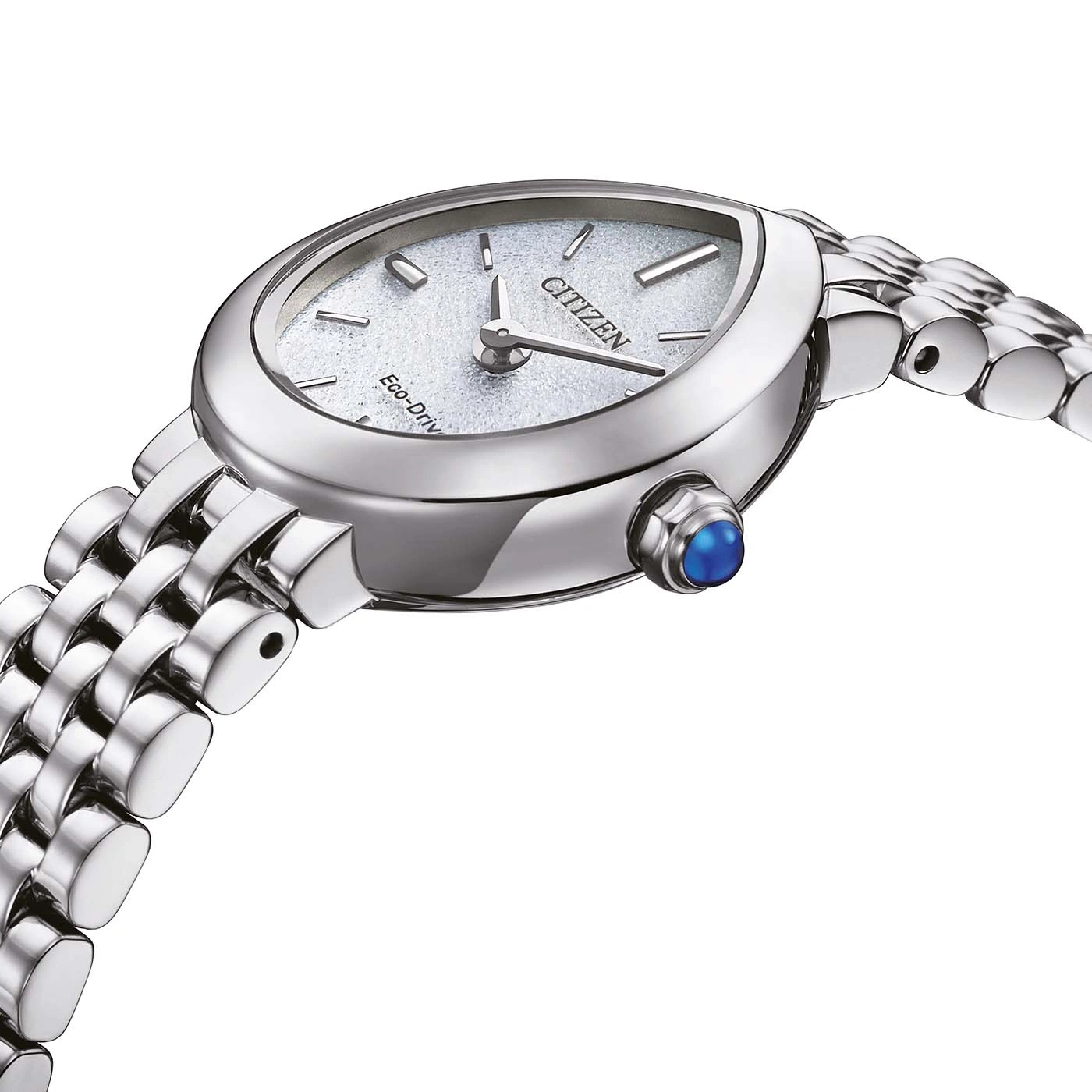 Citizen Eco-Drive Uhr mit strukturiertem Zifferblatt und silbernem Metallarmband.