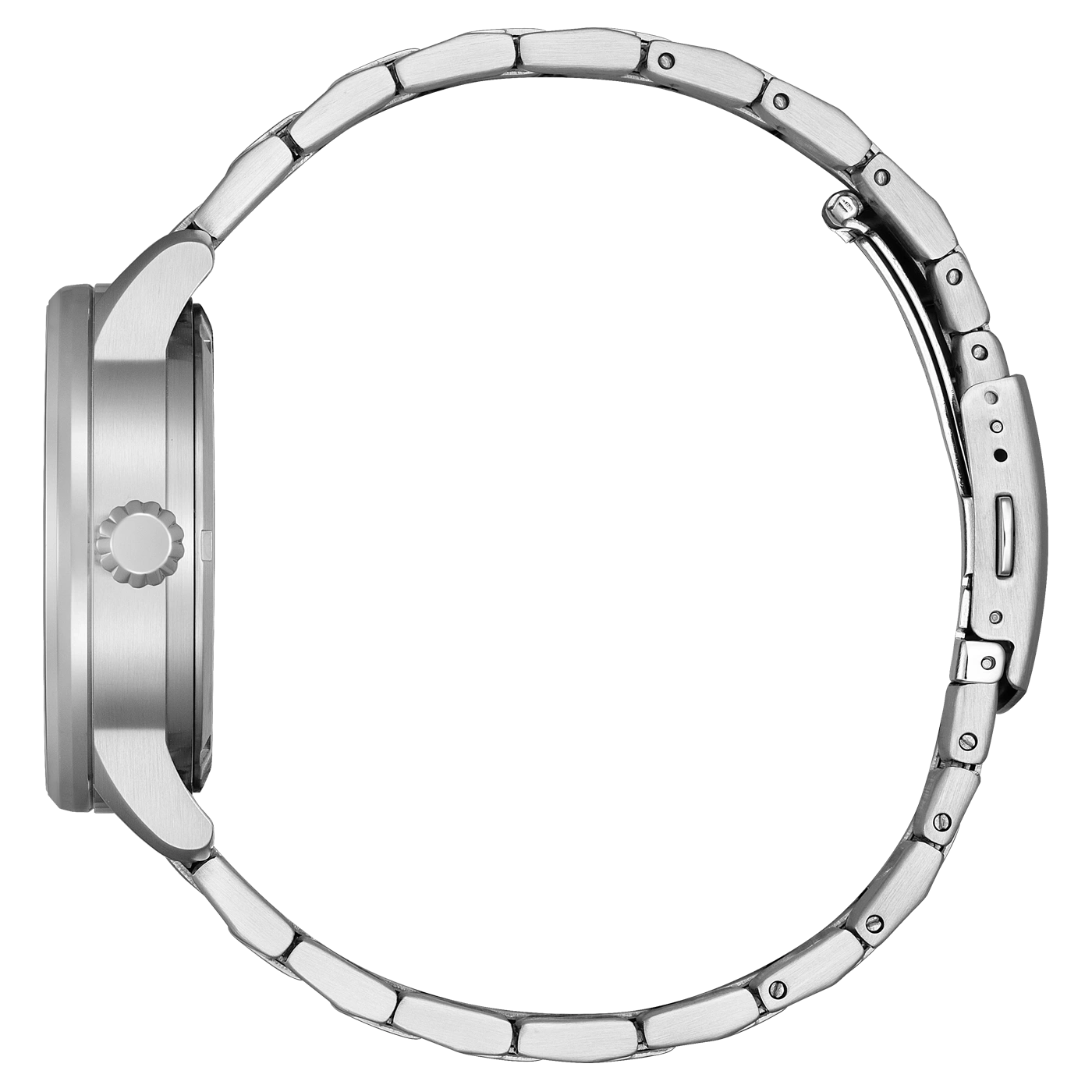 Nahaufnahme eines silbernen Uhrenarmbands mit einer Schnalle