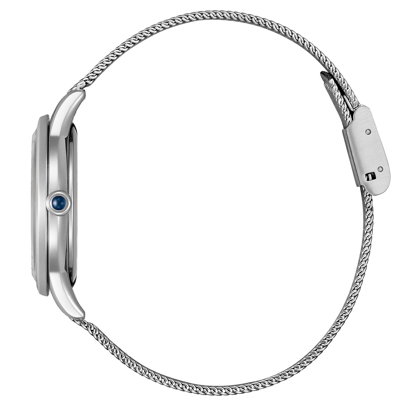 Montre argentée avec bracelet en maille, vue latérale, design élégant, style moderne.