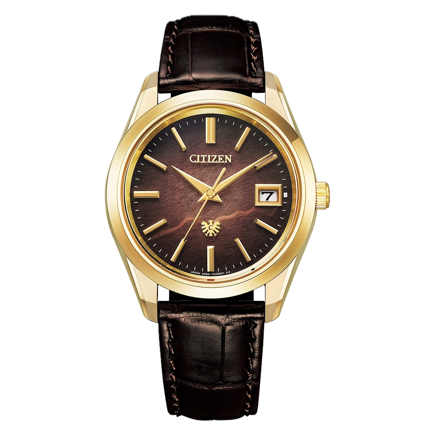 Eine goldene Citizen Uhr mit braunem Lederarmband