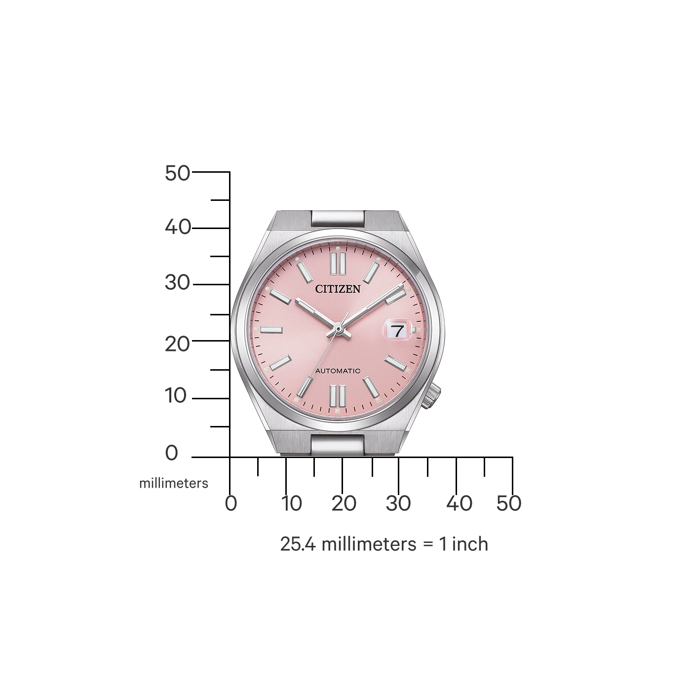 Eine rosa Citizen-Uhr mit einem Millimetermaßstab