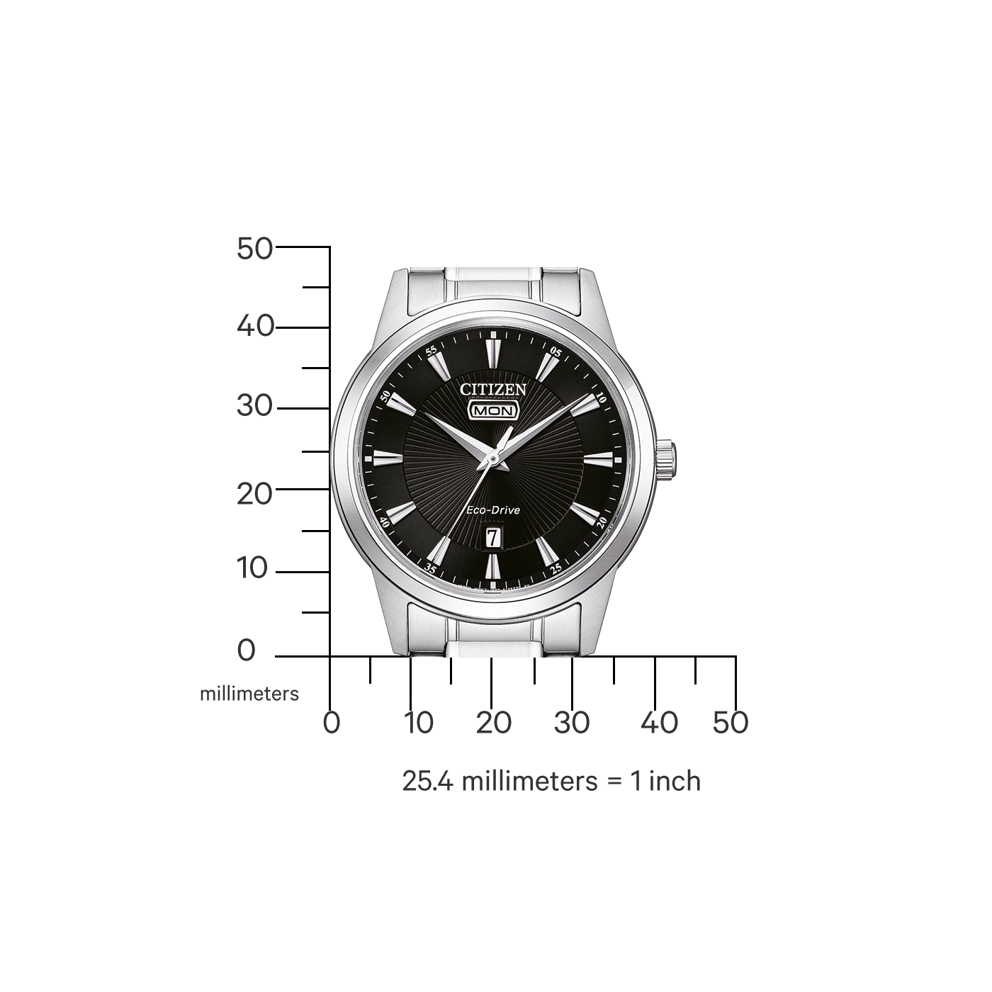 Eine schwarze Citizen Eco-Drive Uhr mit einem Millimetermaßstab daneben.