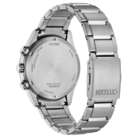 Dos d'une montre Citizen Eco-Drive argentée avec texte.