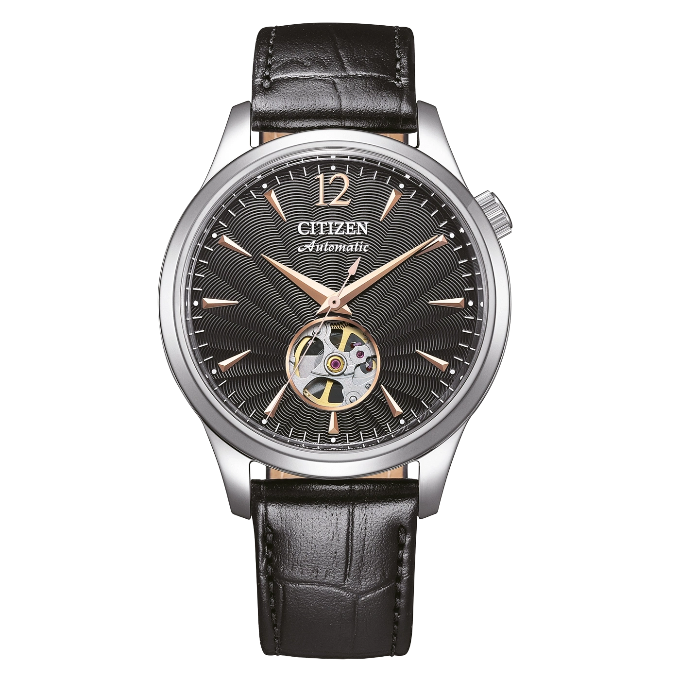 Citizen Automatik Uhr mit schwarzem Lederarmband und skelettiertem Zifferblatt.