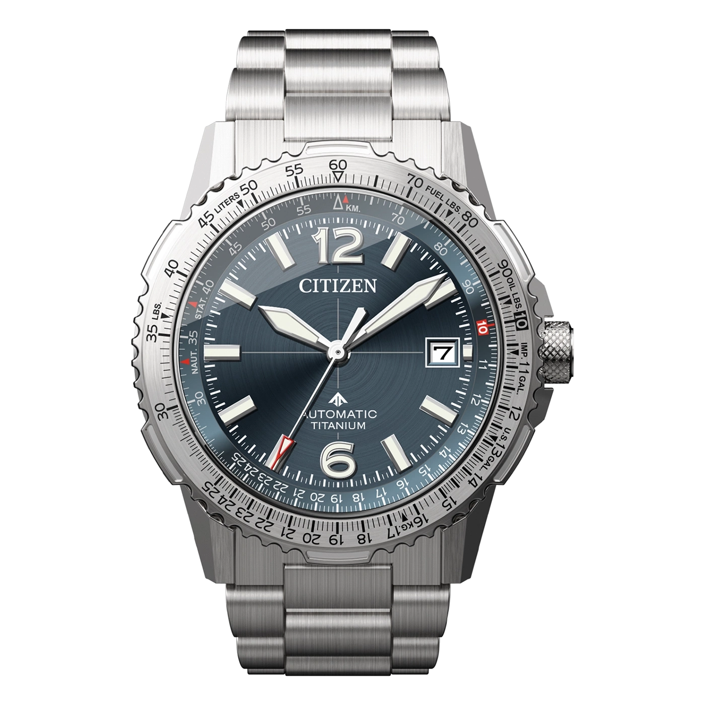 Montre Citizen en titane avec cadran bleu et bracelet en métal.