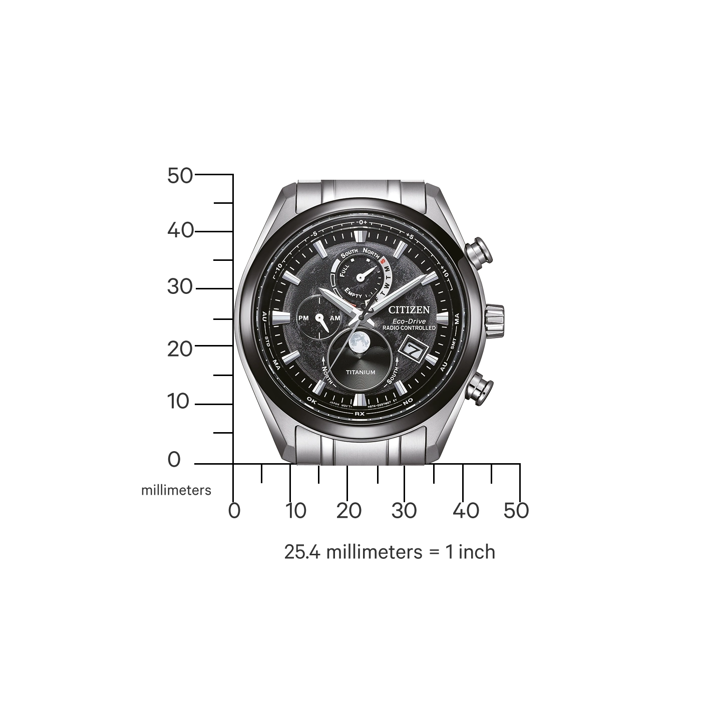 Une montre Citizen argentée et noire sur une règle graduée en millimètres.
