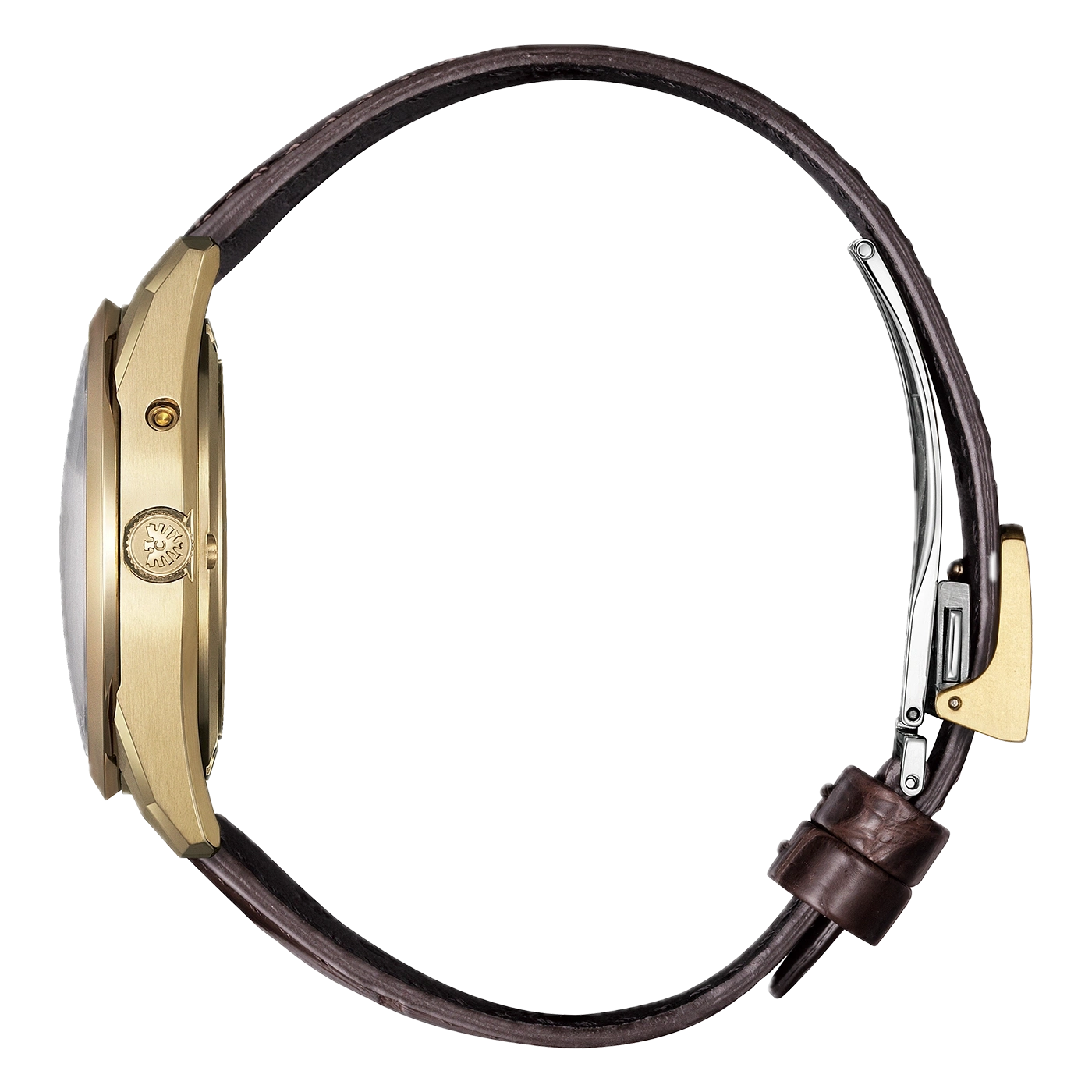 Nahaufnahme eines braunen Lederarmbands und einer goldenen Schnalle.