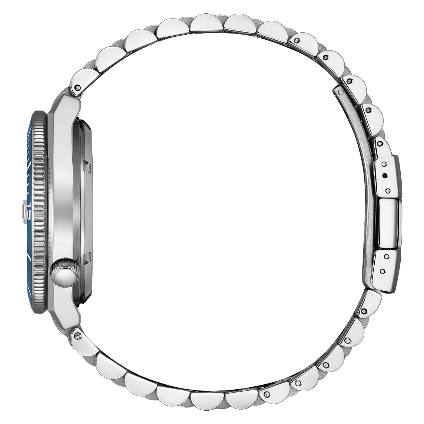 Silberne Taucheruhr mit blauem Zifferblatt und Metallarmband.