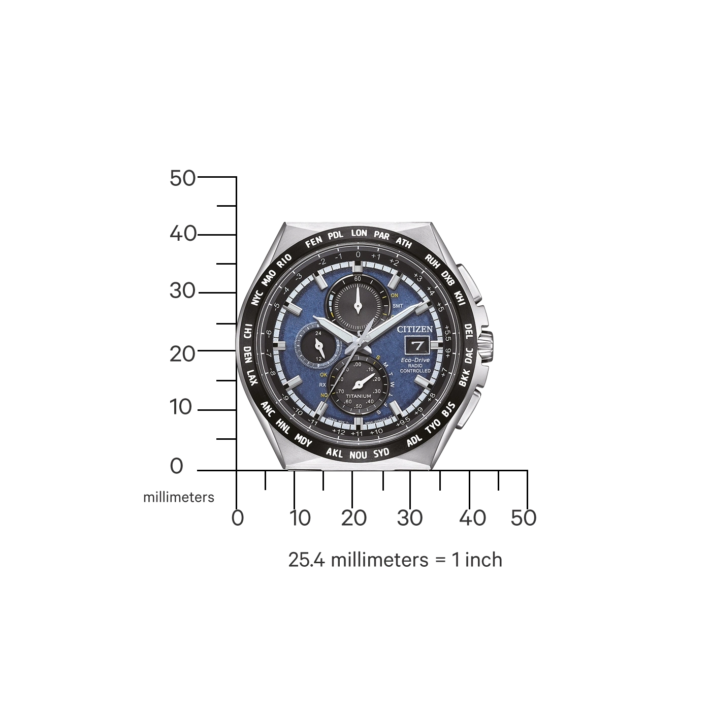 Citizen Eco-Drive Funkgesteuerte Uhr mit Weltstädten auf der Lünette.