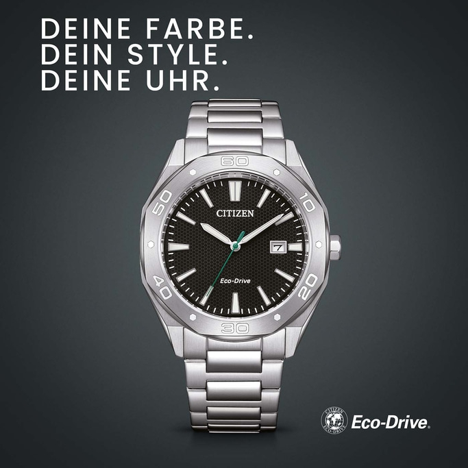Citizen-Uhr mit schwarzem Zifferblatt und silbernem Armband, Eco-Drive-Technologie.