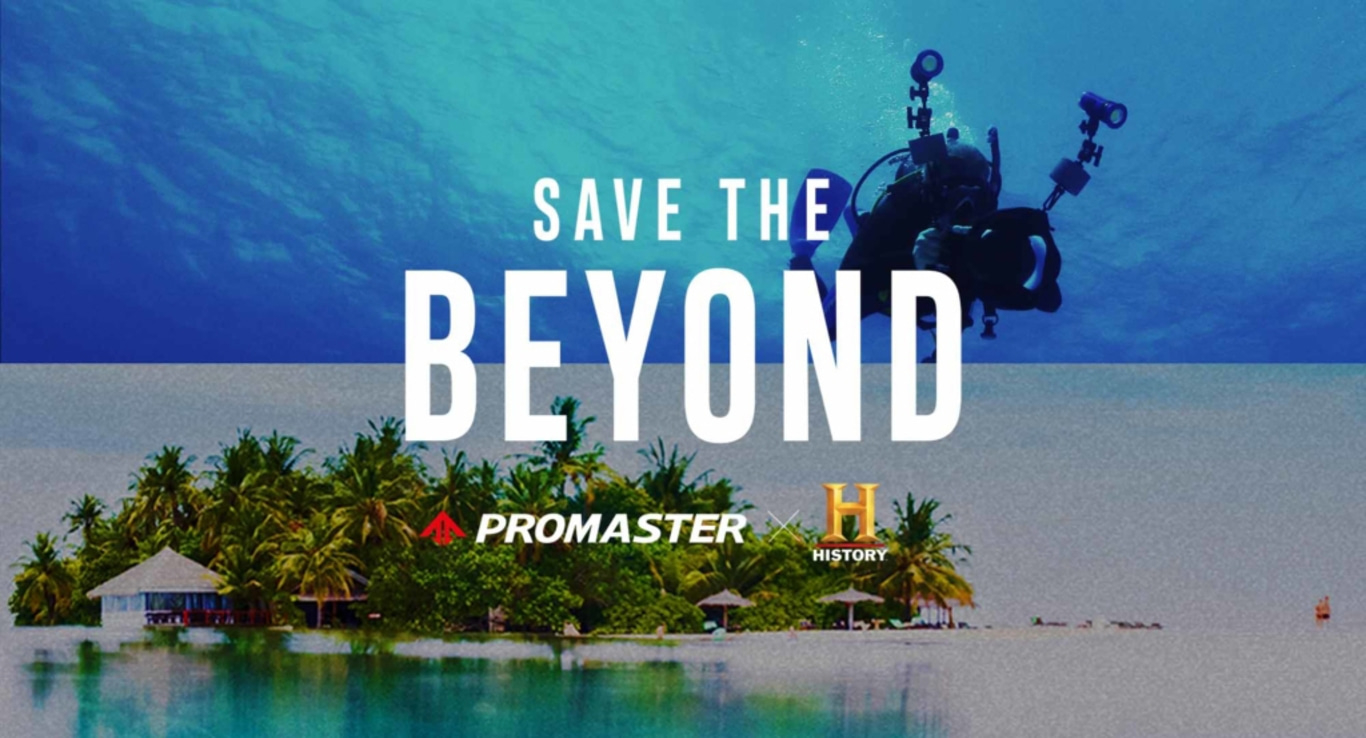 Bild eines Tauchers und einer Insel mit dem Text 'Save the Beyond'.