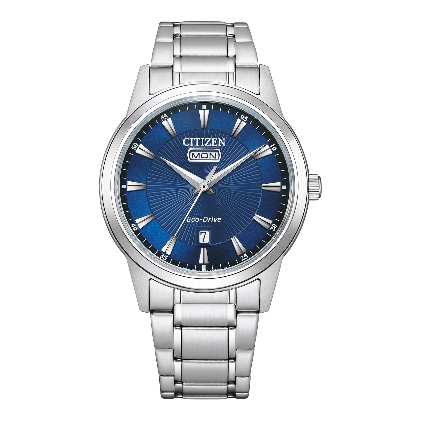 Eine Citizen Herrenuhr mit blauem Zifferblatt und silbernem Armband.