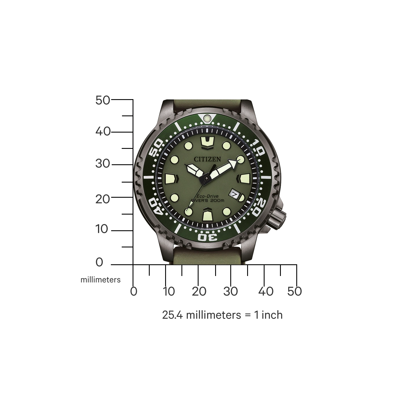 Eine grüne Citizen Eco-Drive Uhr wird mit einem Lineal in Millimetern gemessen.