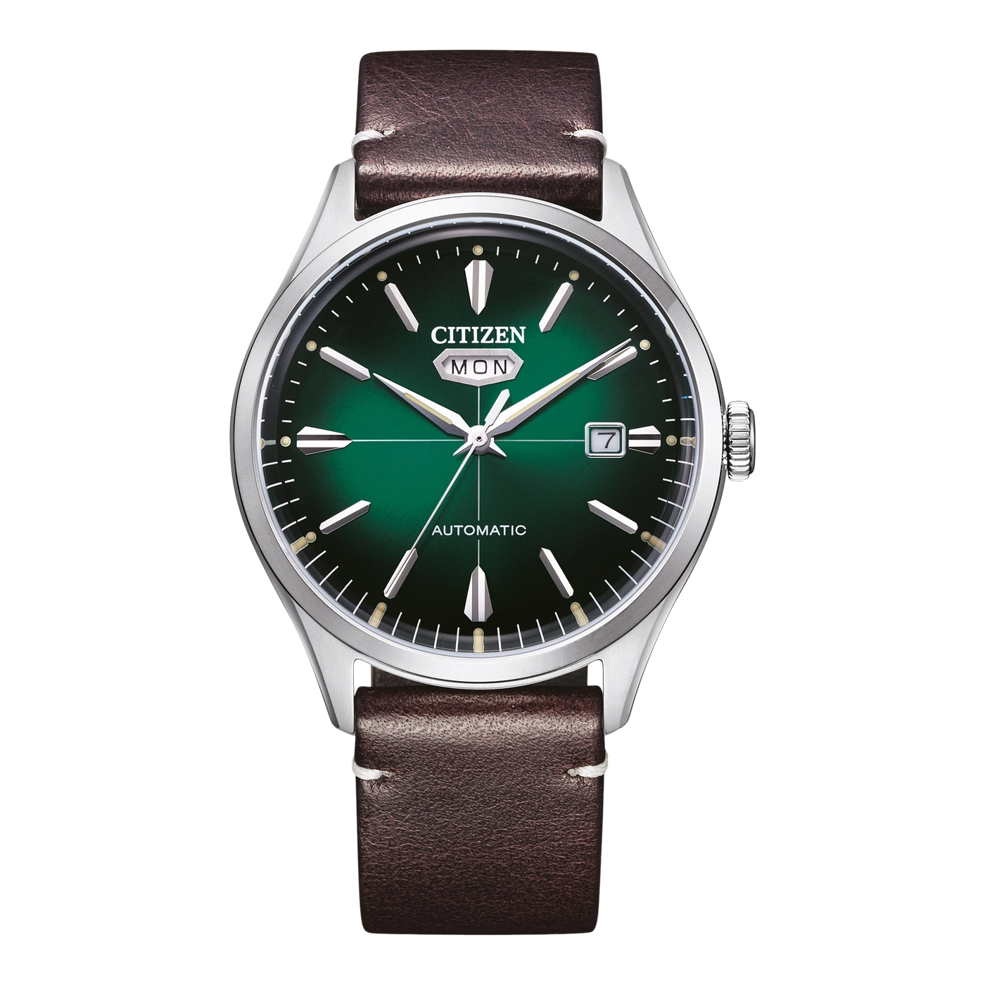 Eine Citizen Automatik-Uhr mit grünem Zifferblatt und braunem Lederarmband.