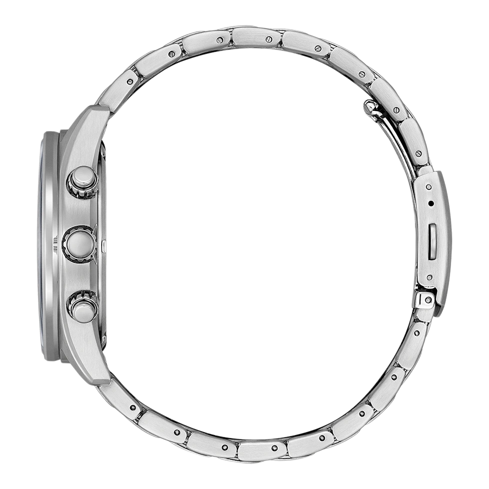 Montre bracelet en argent vue de profil sur fond blanc.