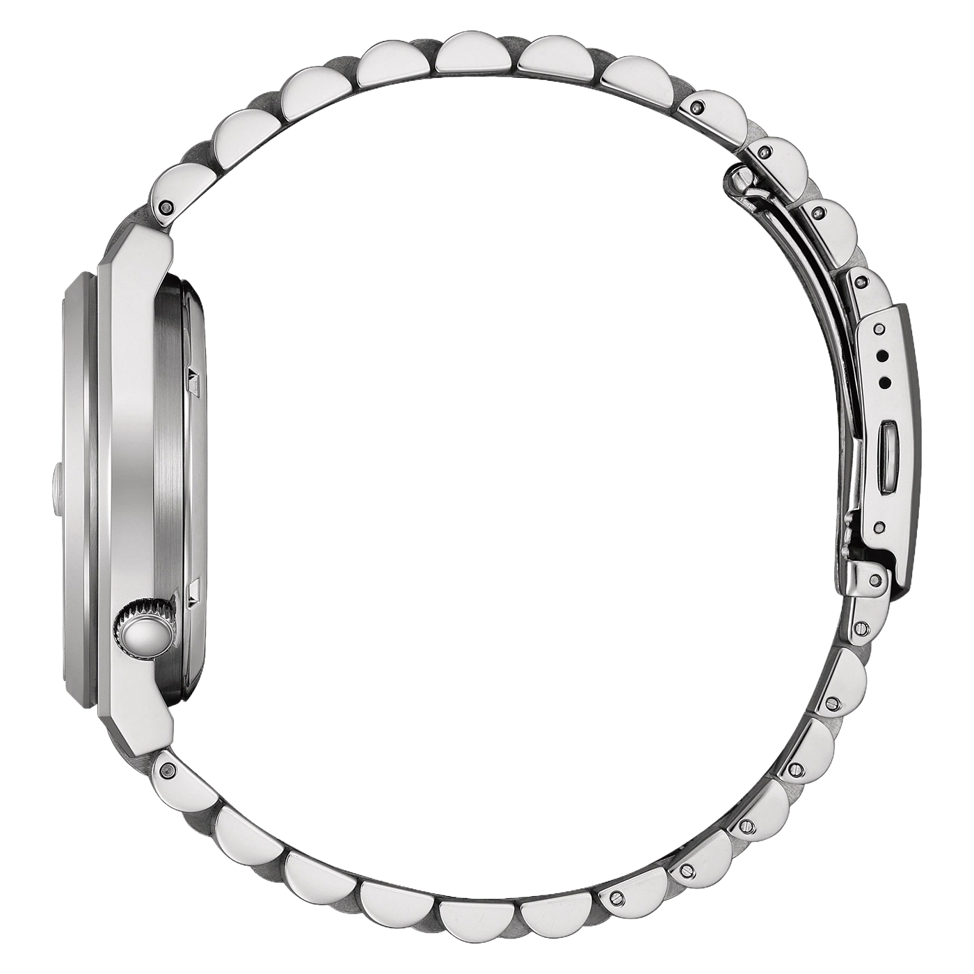 Seitenansicht einer silbernen Metallarmbanduhr, isoliert auf weißem Hintergrund.