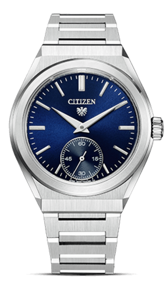 Citizen-Uhr mit blauem Zifferblatt und silbernem Armband, elegantes Design.