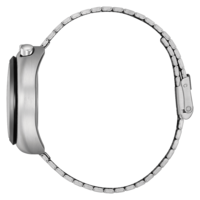Bracelet de montre argenté, vue de côté, matériau en acier inoxydable.