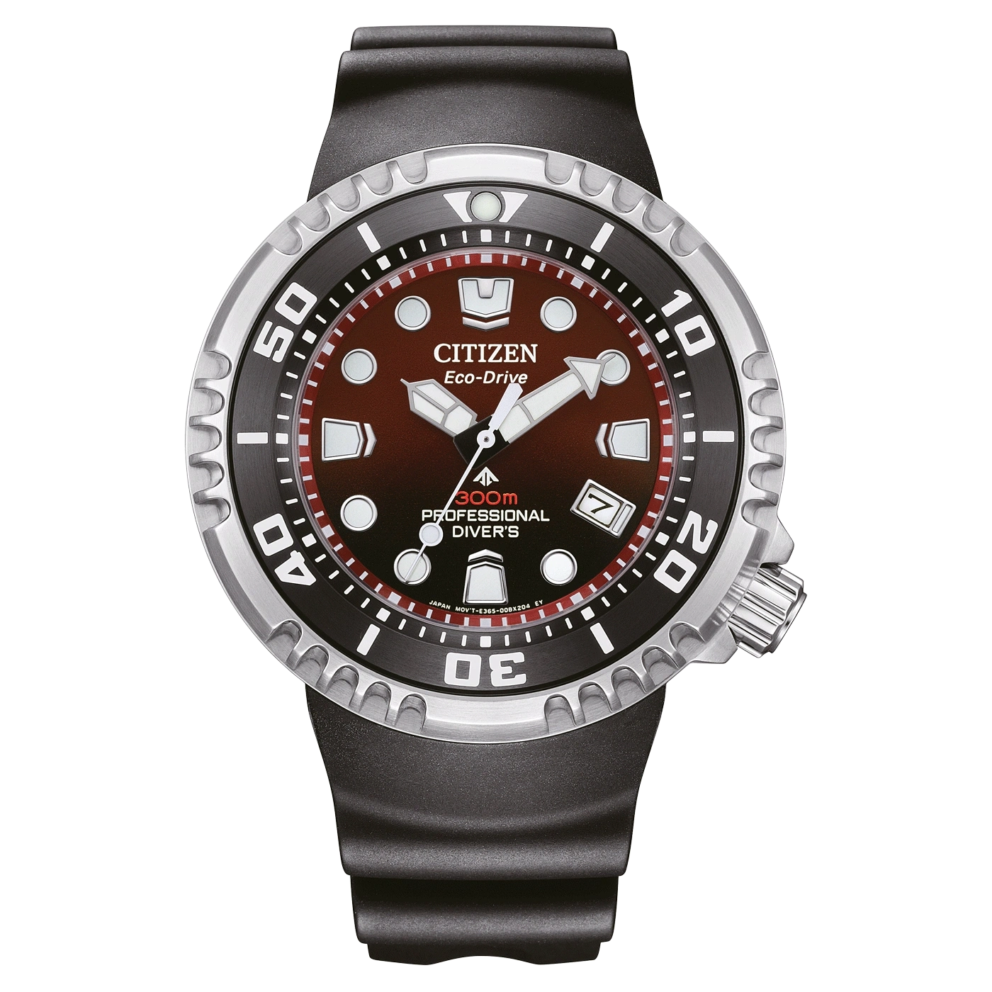 Citizen Eco-Drive professionelle Taucheruhr mit braunem Zifferblatt und schwarzem Armband.