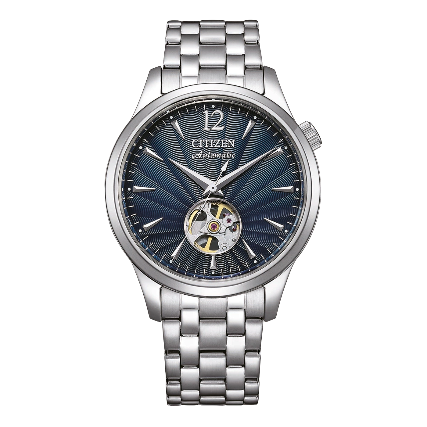 Citizen Automatik-Uhr mit blauem Zifferblatt und sichtbarem Uhrwerk.
