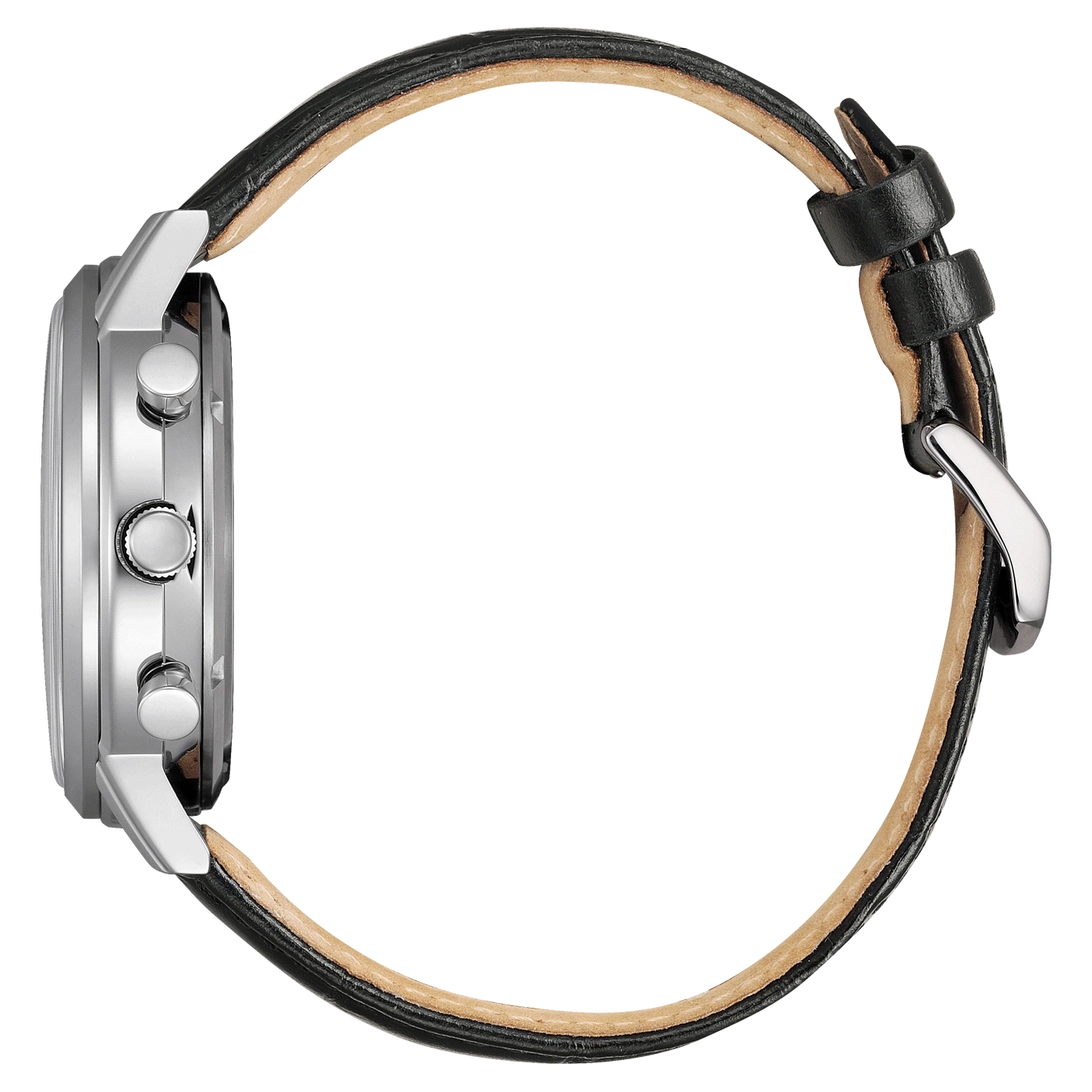 Armbanduhr mit schwarzem Lederarmband, Seitenansicht mit Chronograph.