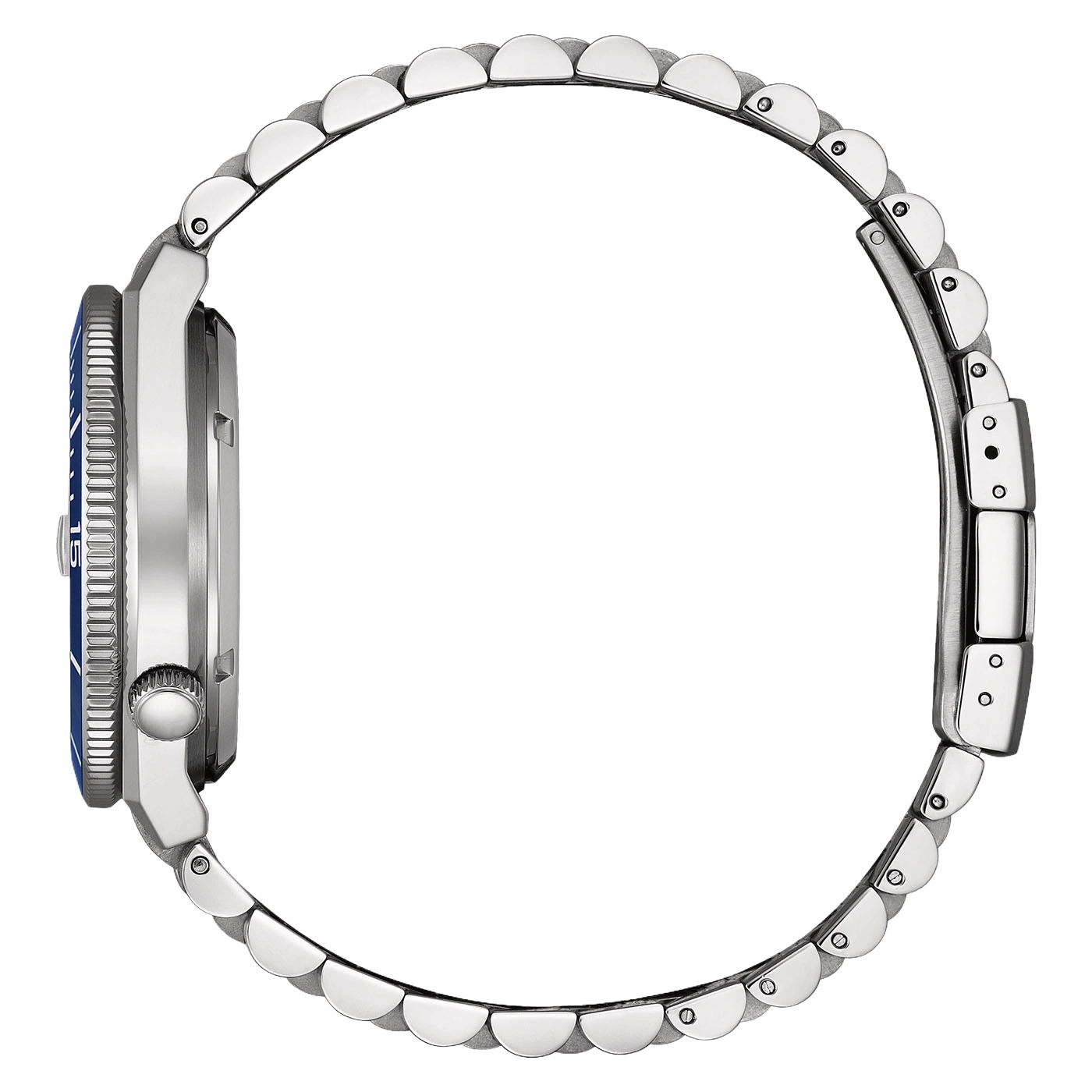 Seitenansicht einer silbernen Taucheruhr mit blauem Zifferblatt und Metallarmband.