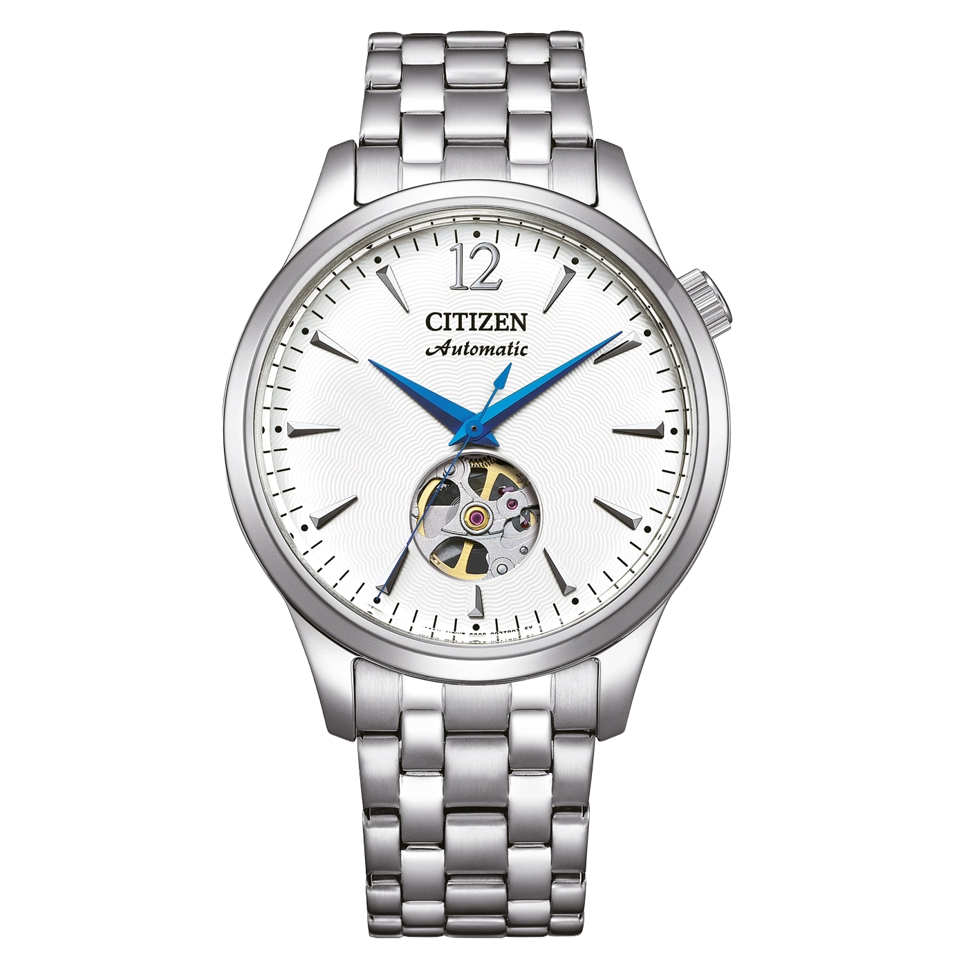 Silberne Citizen Automatik-Uhr mit offenem Zifferblatt und Metallarmband.