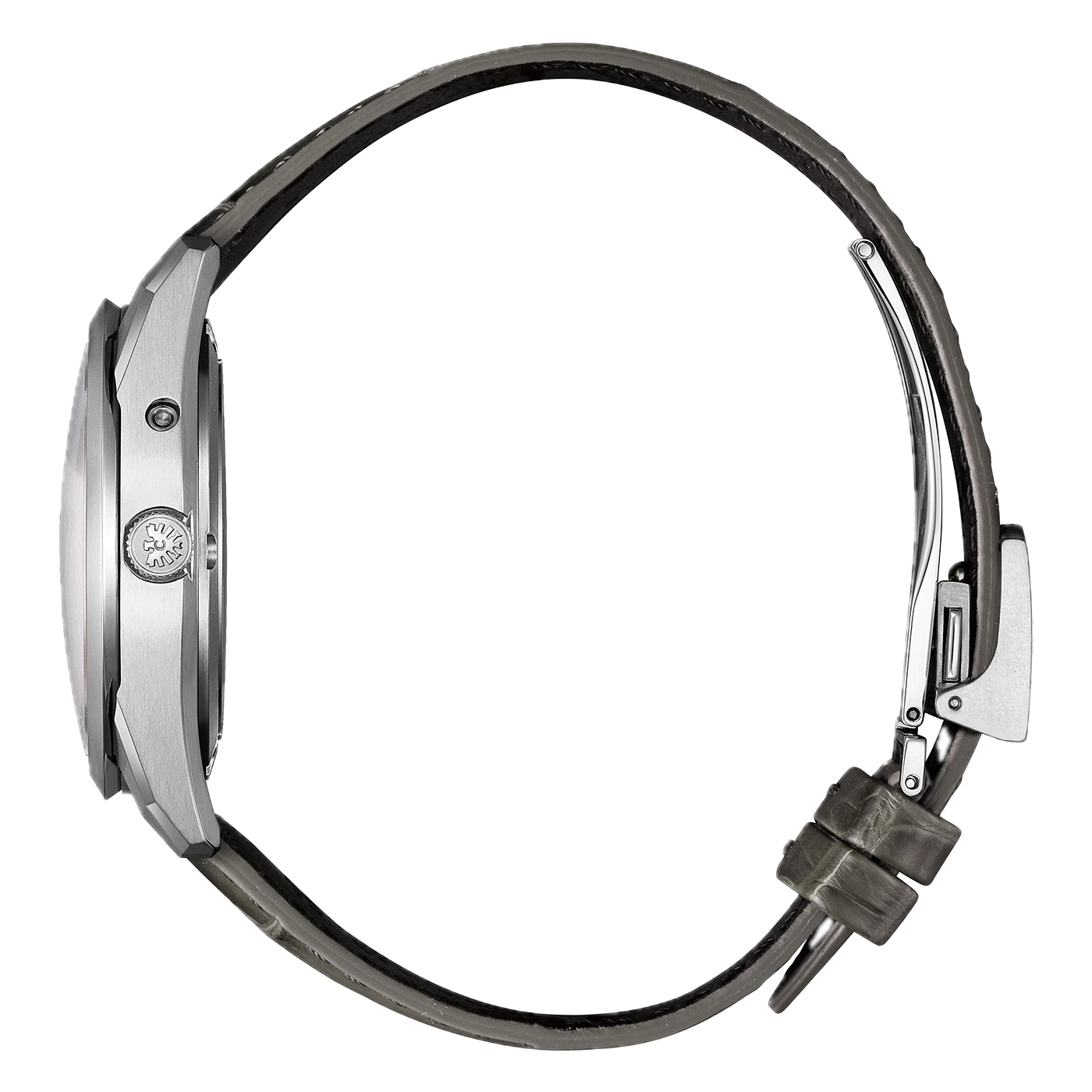 Seitenansicht einer silbernen Armbanduhr mit grauem Lederarmband.