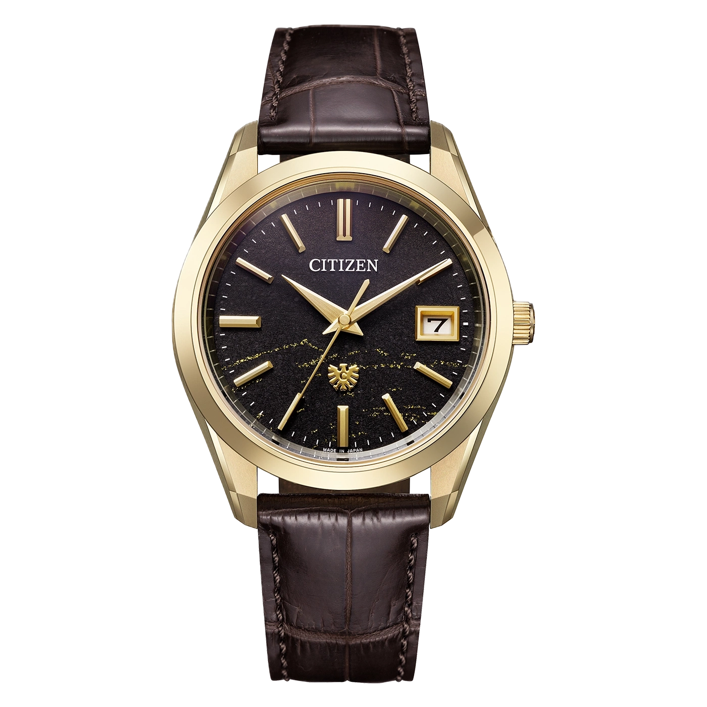 Eine goldene Citizen-Uhr mit braunem Lederarmband.